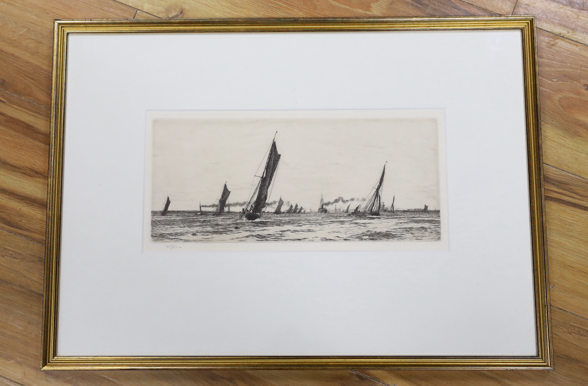 William Lionel Wyllie (1851-1931), etching, 'The Return of the Fishing Fleet, Portsmouth Harbour', signed in pencil, 18 x 36cm